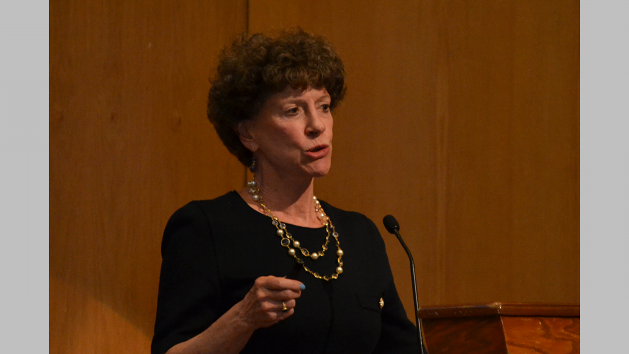 Peggy Dulany speaking at Instituto Tecnológico Autónomo de México (ITAM) in 2017.