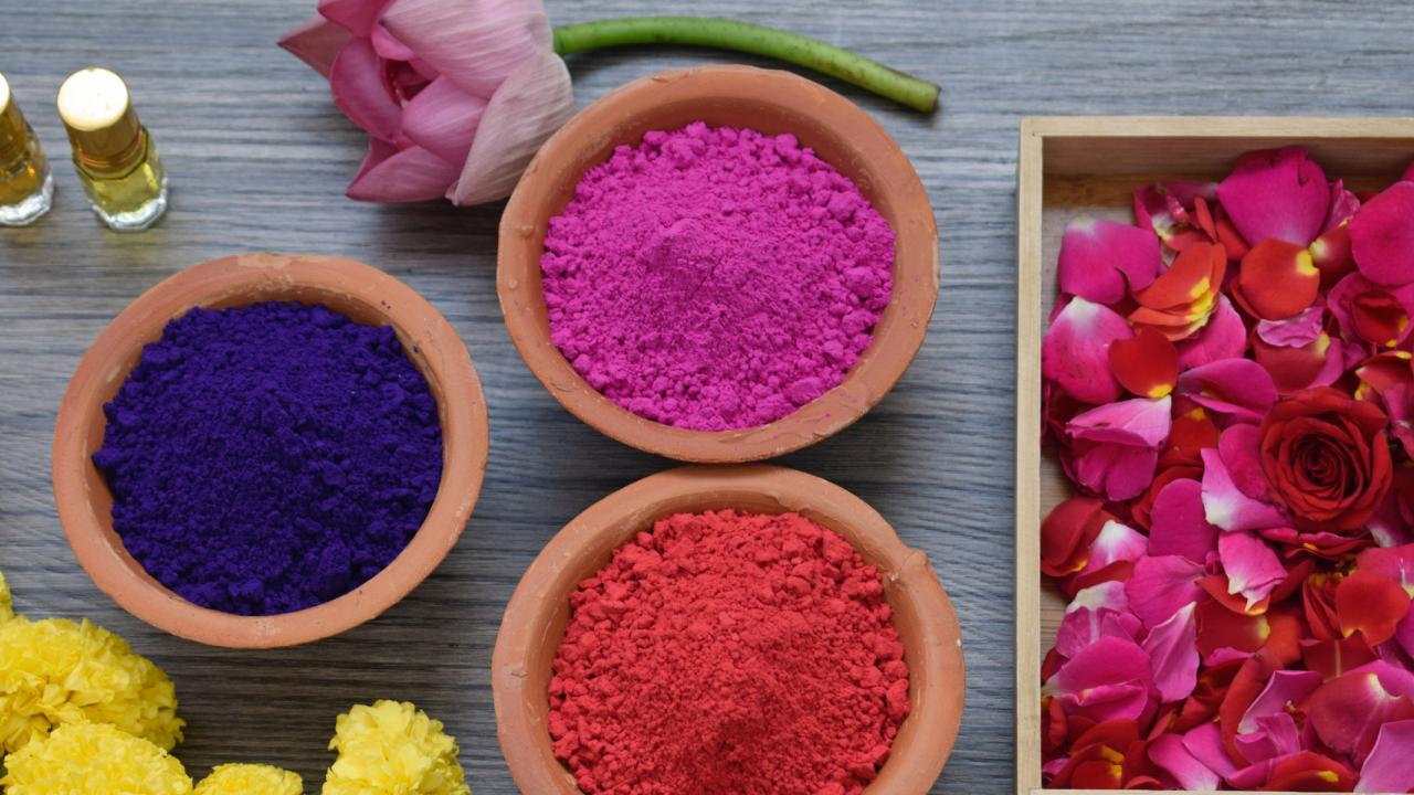 Gulal and flowers for Holi festival celebration